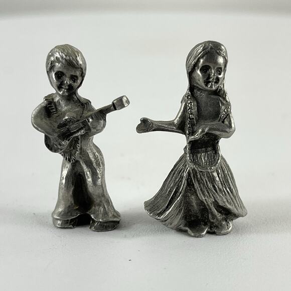 Vintage Pewter Miniature Hawaiian Dancer Hula Girl grass skirt & Boy With Guitar - Picture 1 of 8
